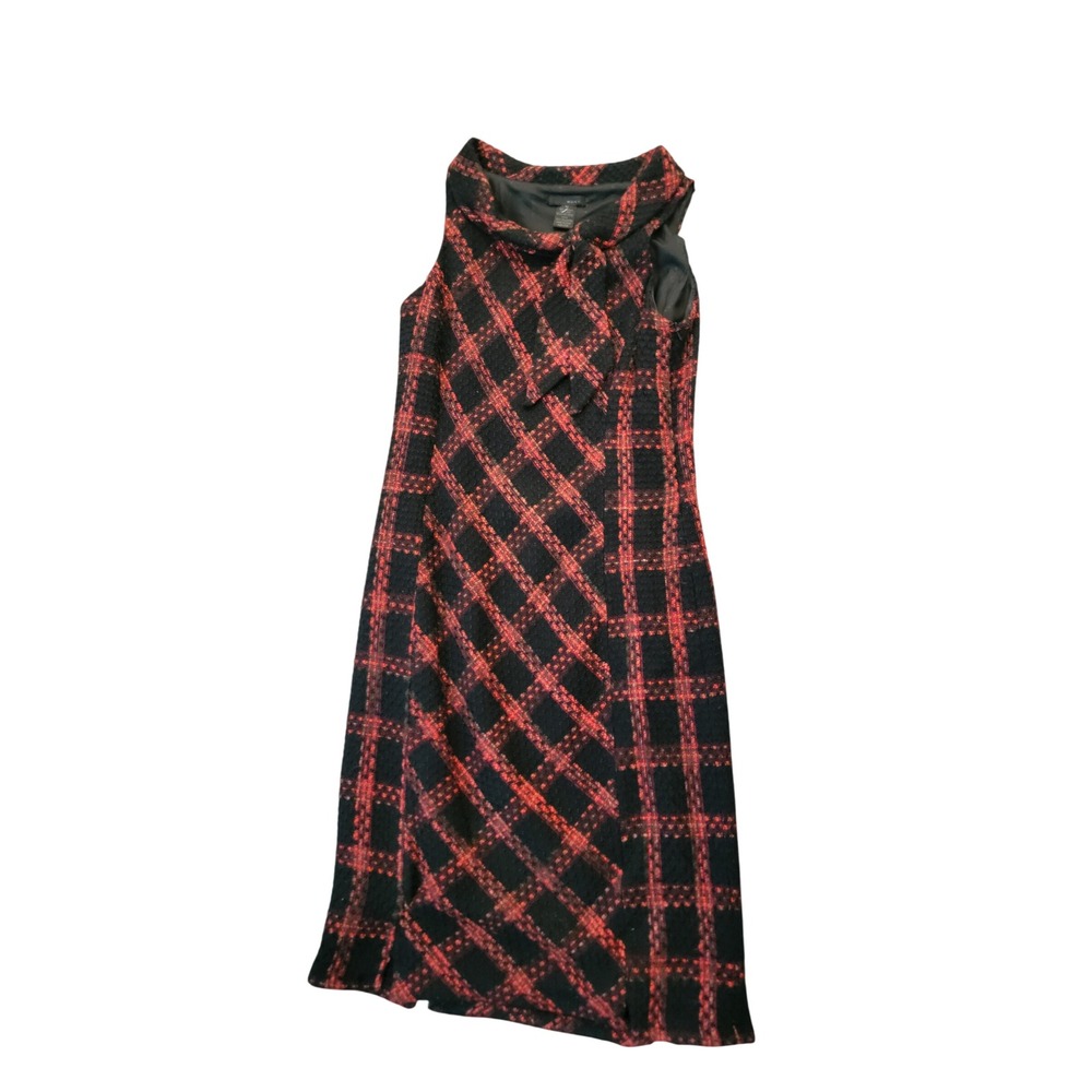 WDNY Red Black Plaid Tweed Sheath Dress Sleeveless Silk Blend Tie Neck Size 10